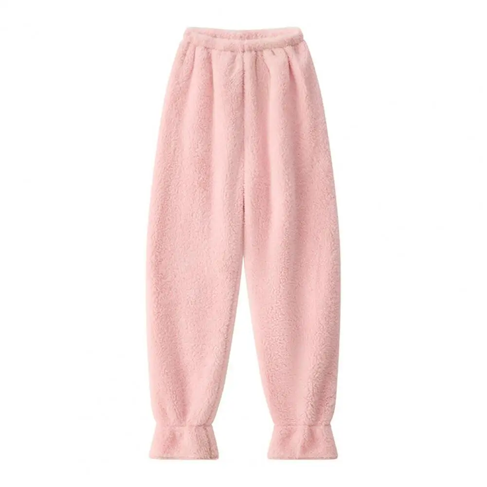 2026 Winter Pajama Pants Thick Plush Elastic Waist Loose Keep Warm Leg-Binding Design Unisex Homewear Trousers Solid Color Loung