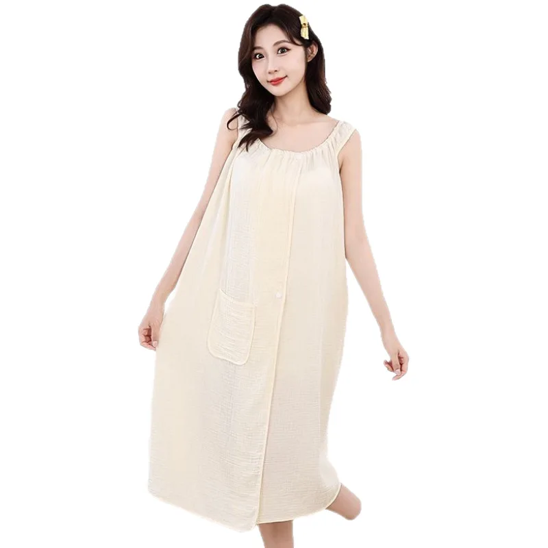 

Women's Cotton Bubble Gauze Bath Skirt Robe with Buttons And Pocket Absorbent Quick-Dry Wearable Shower Wrap for Home Vacation