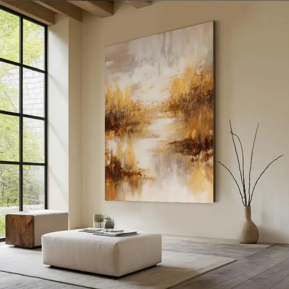 Abstract Mountain Landscape Oil Painting on Canvas - Golden Sunlit Big Wall Art Decor for Living Room And Home Porch