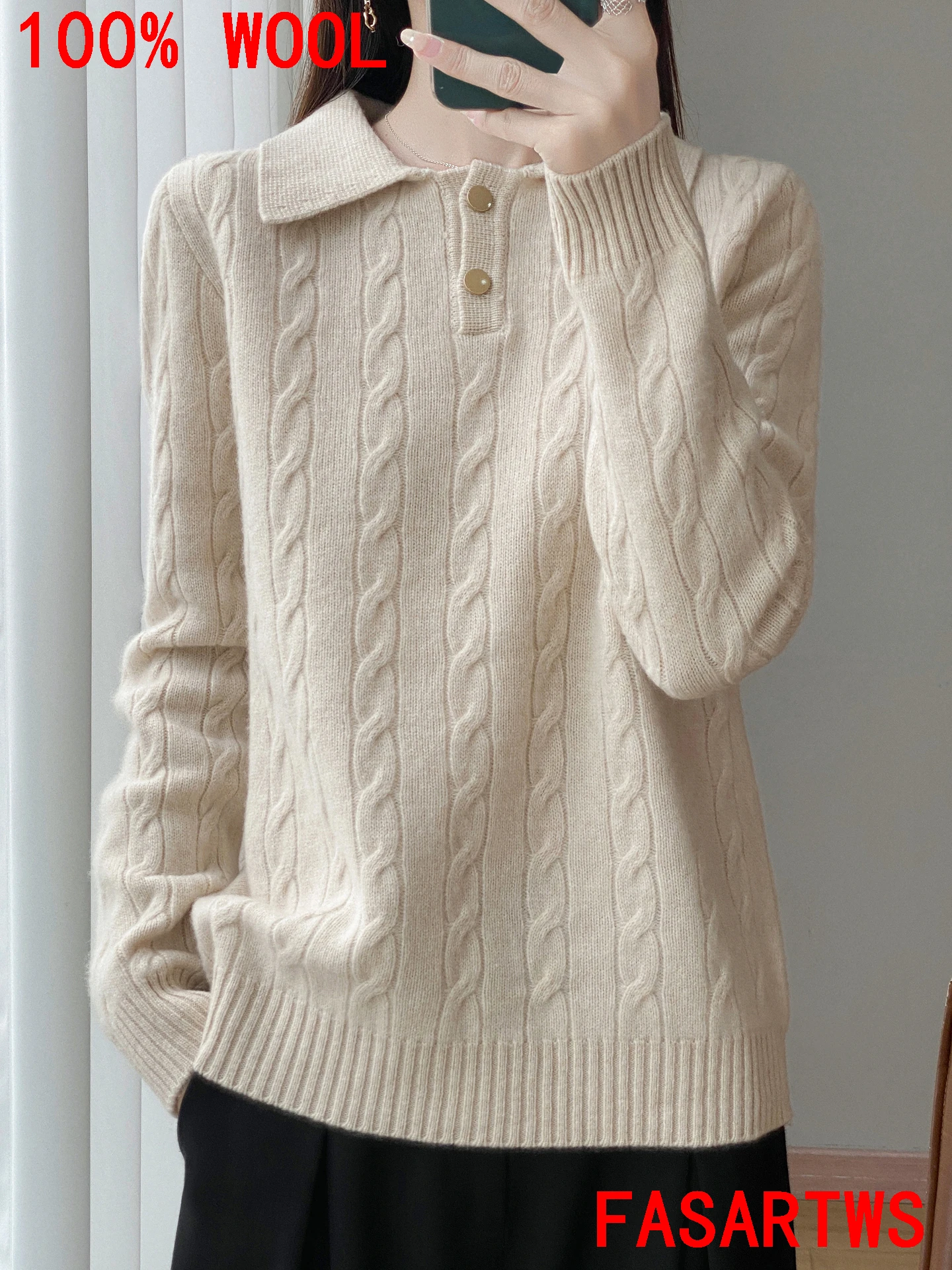

Classic Twisted Flower Sweater100% AustralianWool POLO Collar Long Sleeve Commuting Casual Knit Women Exquisite Autumn WinterTop