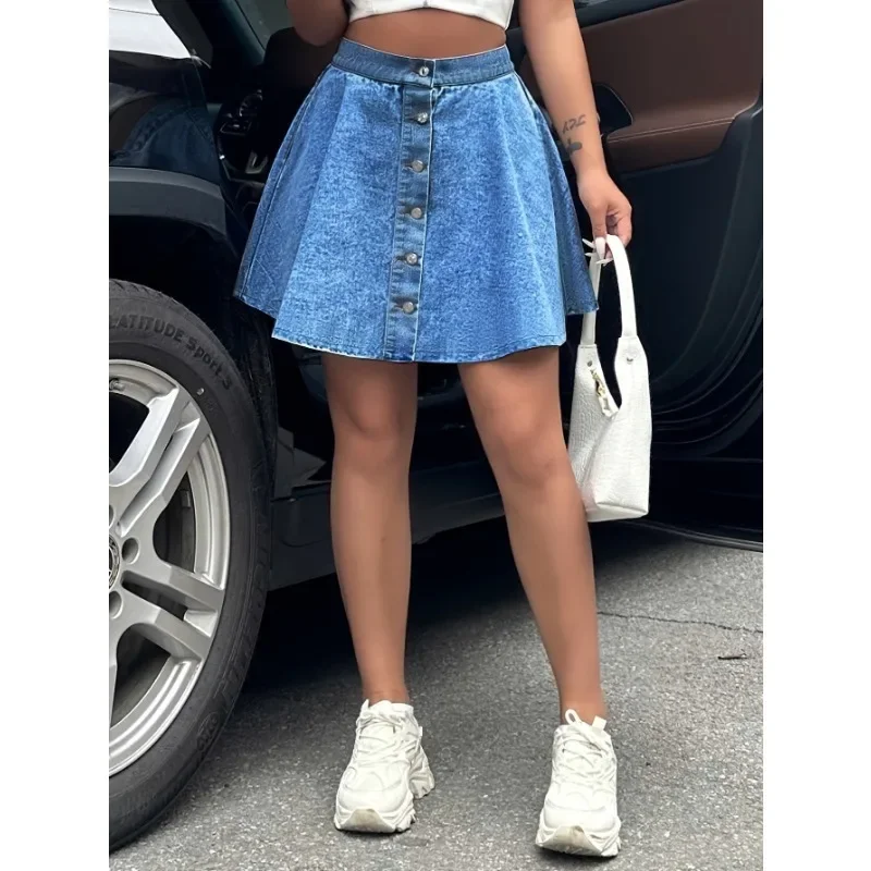 Vintage High Waist Women'S Denim Short A-Line Skirts Spring Summer Cowboy Jeans Umbrella Skirts Single Breasted Buttons Female