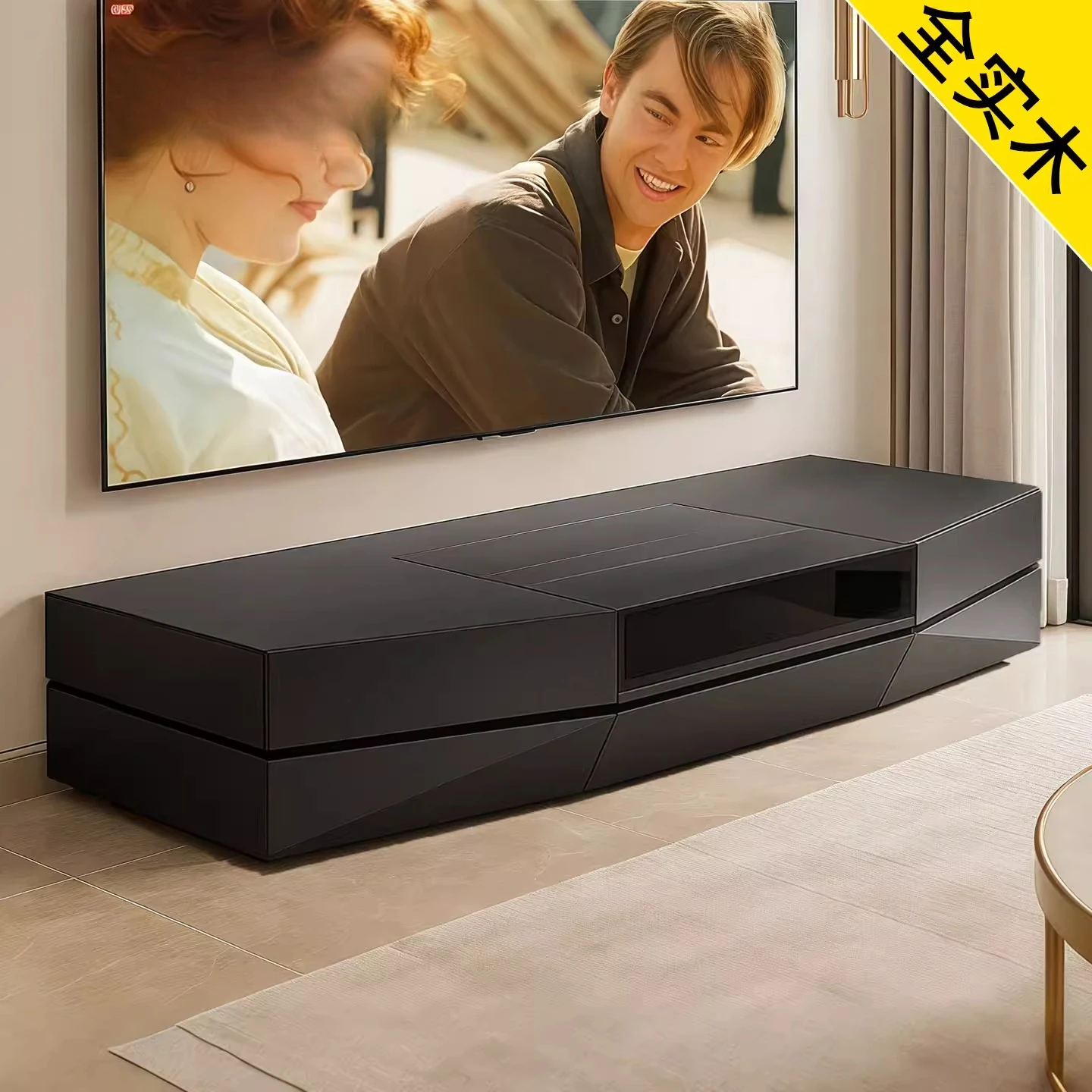 TT Classic black oversized 60cm deep laser TV cabinet pure solid wood countertop retractable living room wall floor cabinet