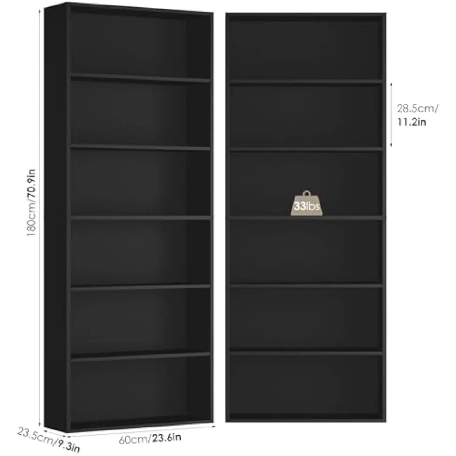 FOTOSOK 6 Tier Tall Bookshelf and Bookcase, Open Display Shelves, Black 2PK | Industrial Tall Bookcases with Storage, Freestanding Book Shelf for Home Office, School Library , Living Room, Narrow Space