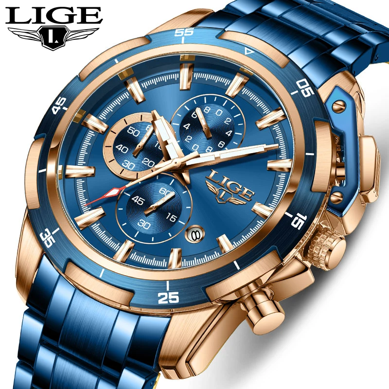 LIGE Men\'s Watch Blue Dial Stainless Steel Band Date Mens Business Male Watches Waterproof Luxuries Men Wrist Watches for Men