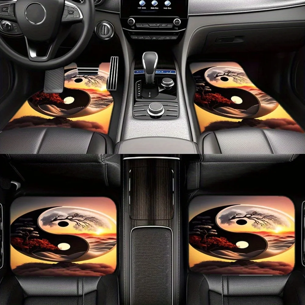 Yin Yang Tree Universal Car Floor Mats Set - Polyester Fiber, Non-Slip Backing, Fits Compact Cars, Vans, SUVs - 1pc/2pcs/4pcs Op