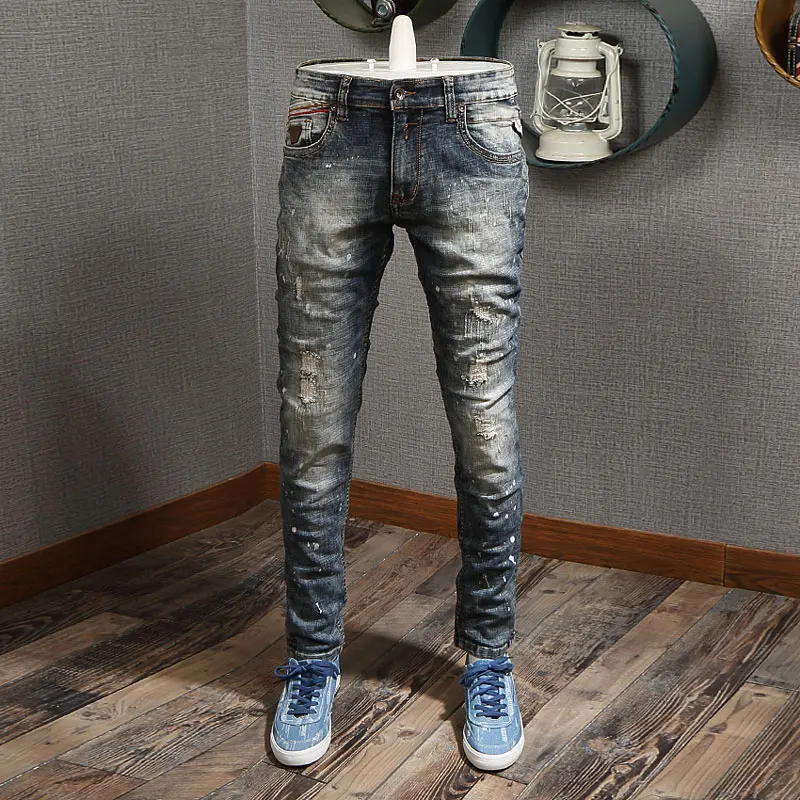 Fashion Trendy Men Jeans Retro Washed Gray Blue Elastic Slim Fit Painted Ripped Jeans Men Vintage Designer Denim Pants Hombre