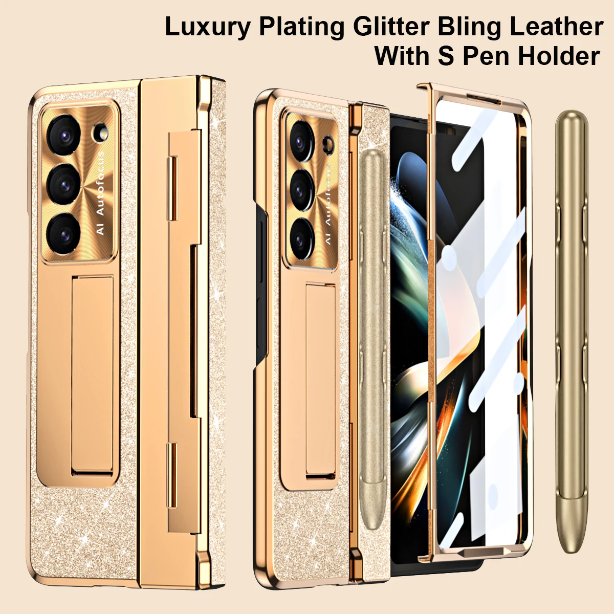 With S Pen Holder For Samsung Galaxy Z Fold 5 4 3 Case Hinge Glitter Bling Plating Leather Luxury keyboard Full Protection Cover