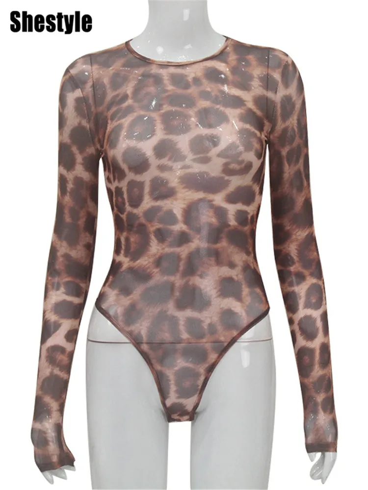 Shestyle Leopard Autumn Sexy Body for Women Brown Basic T-Shirt Elegant Mesh Animal Print Halloween Bodysuit High End Outfit