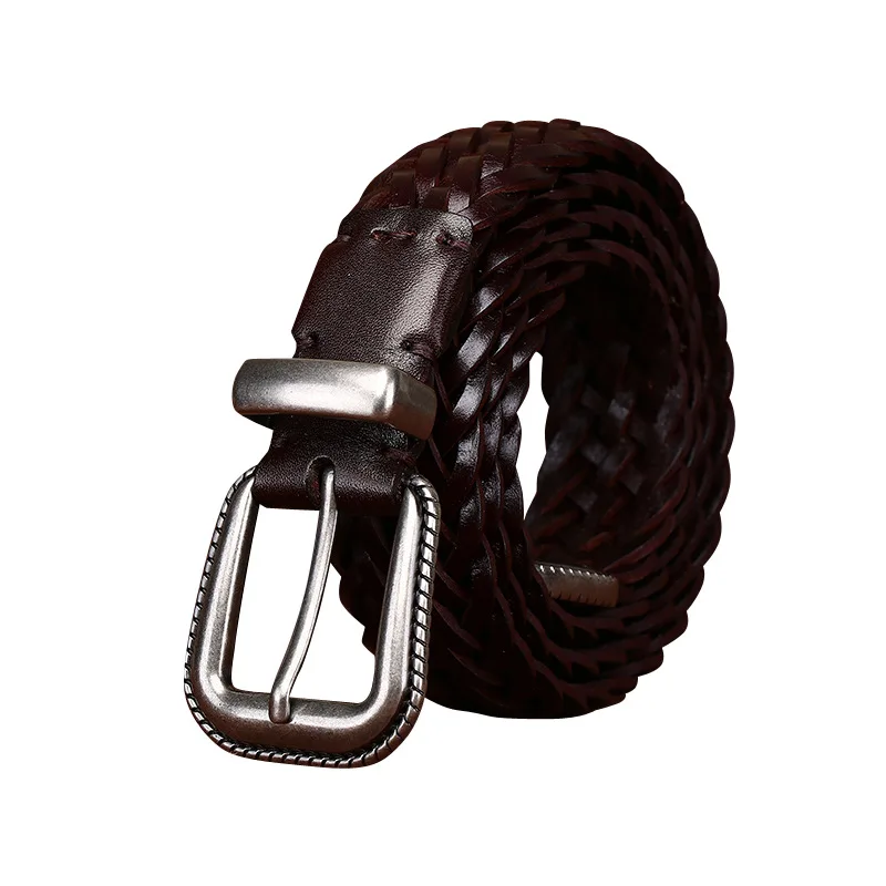 Handwoven genuine leather belt for men, fashionable and trendy braided belt for women, versatile pure cowhide belt with pin buck
