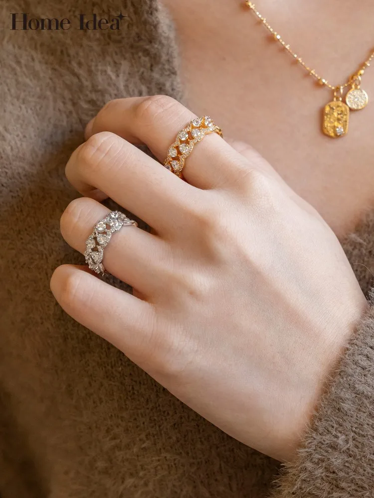 French Style Vintage Hollow Out Shiny Diamonds Rings Elegant Ladies Jewelry Open Adjustable Party Rings 925 Sterling Silver Fine
