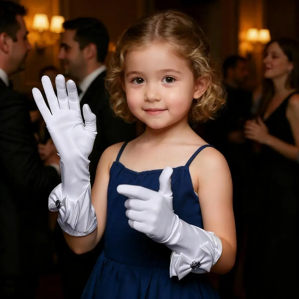 1 زوج الأطفال قفازات الراين مطعمة Bowknot ديكور الأميرة قفازات مشرق اللون قفازات أداء مرحلة الفتيات قفاز #1