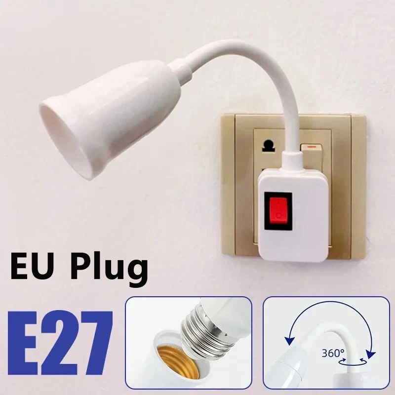 E27 Direct Plug In Swivel Head E27 Socket Bulb Holder With Switch EU Plug LED Table Lamp Stainless Steel Hose Steering Lever