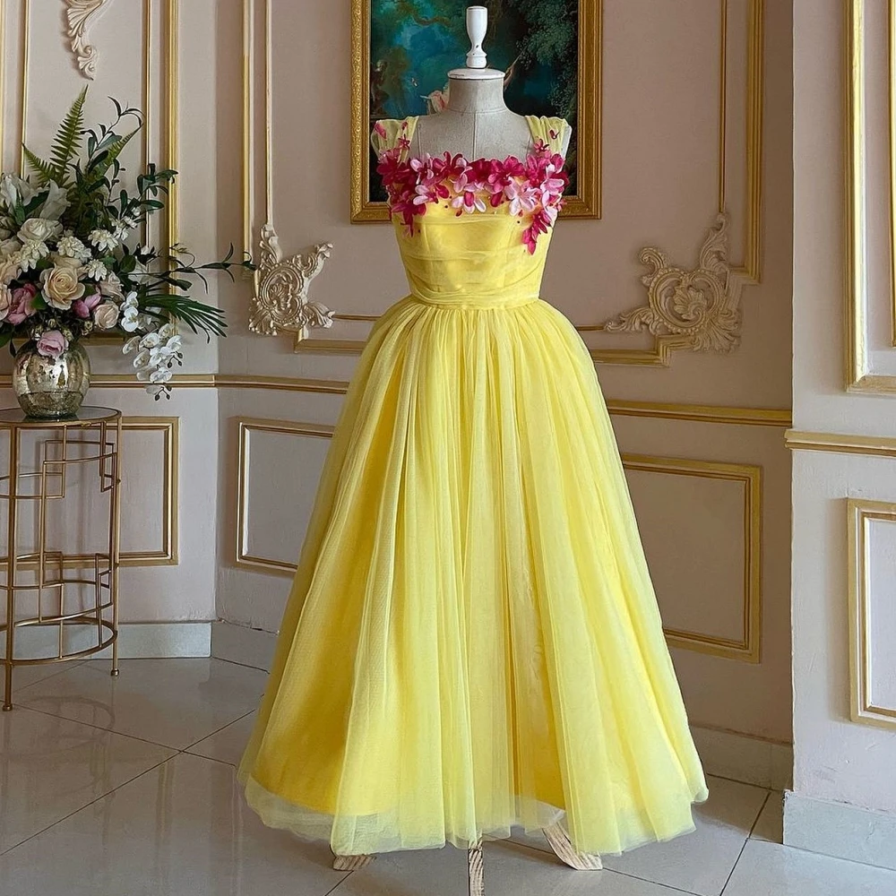 Tulle Pleat Flower Christmas A-line Off-the-shoulder Bespoke Occasion Gown  Long Dresses