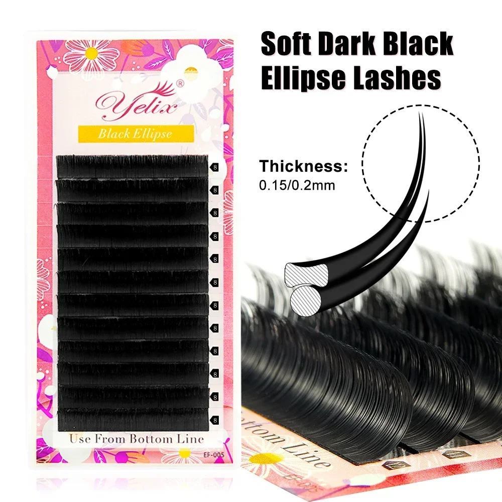 Yelix 6-19mm Ellipse Eyelashes Extension 0.15mm 0.2mm Dark Black Flat Lashes Split Tips False Eyelashes Matte Cashmere Lashes
