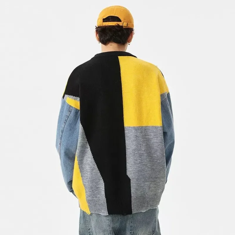 Men Women Couple Matching Sweater Autumn Winter New Japanese Style Color Block Paneled Round Neck Loose Fit Knit Top