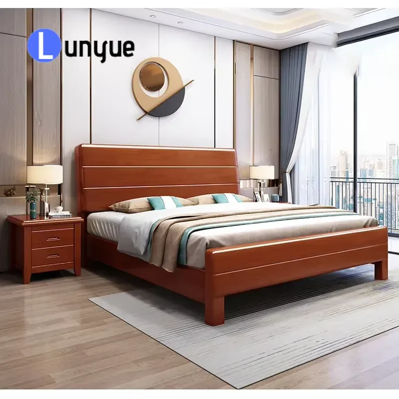 Solid Wood Queen Bed Frame Wooden Bedroom Furniture Set Apartment Rental Room