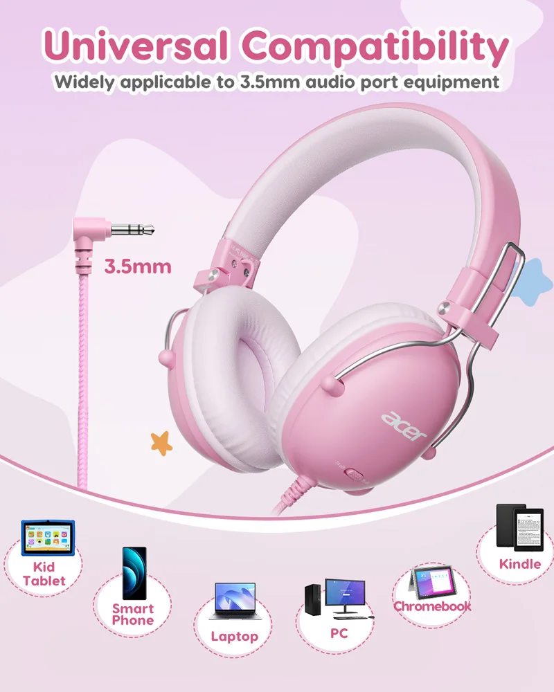 Acer Kids Headphones with Cord 3.5mm Jack Stereo Wired On-Ear Headphones 74/85dB Safe Volume Kids Headphones for Boys Girls
