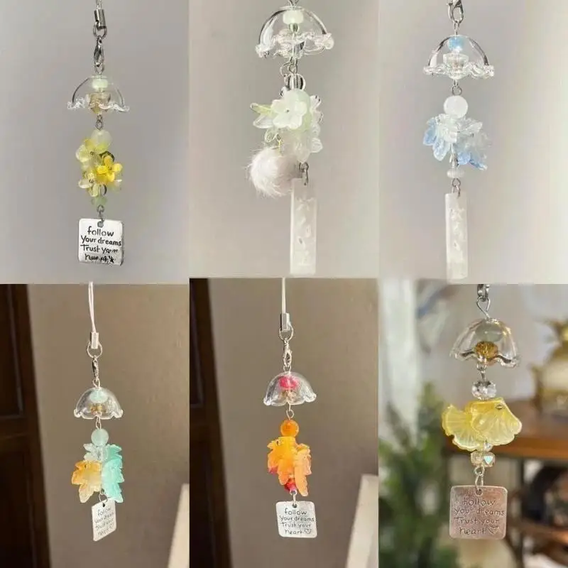 Hot 1Pcs Transparent Jellyfish Flower Ginkgo Hanging Charms Wind Chime Craft With Inspirational Tag For Phone Backpack Decor