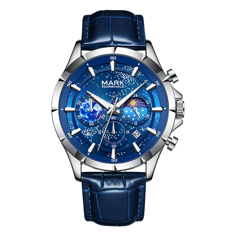 Mark Fairwhale 5870 Men's Quartz Watch Phase Moon Display Date Leather Strap Fashion Waterproof Chronograph Wristwatch