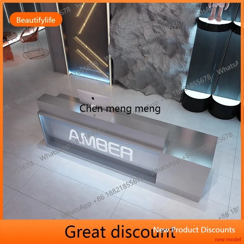 Clothing store, industrial style bar, stainless steel, modern light luxury, beauty salon, gym, front desk, reception table