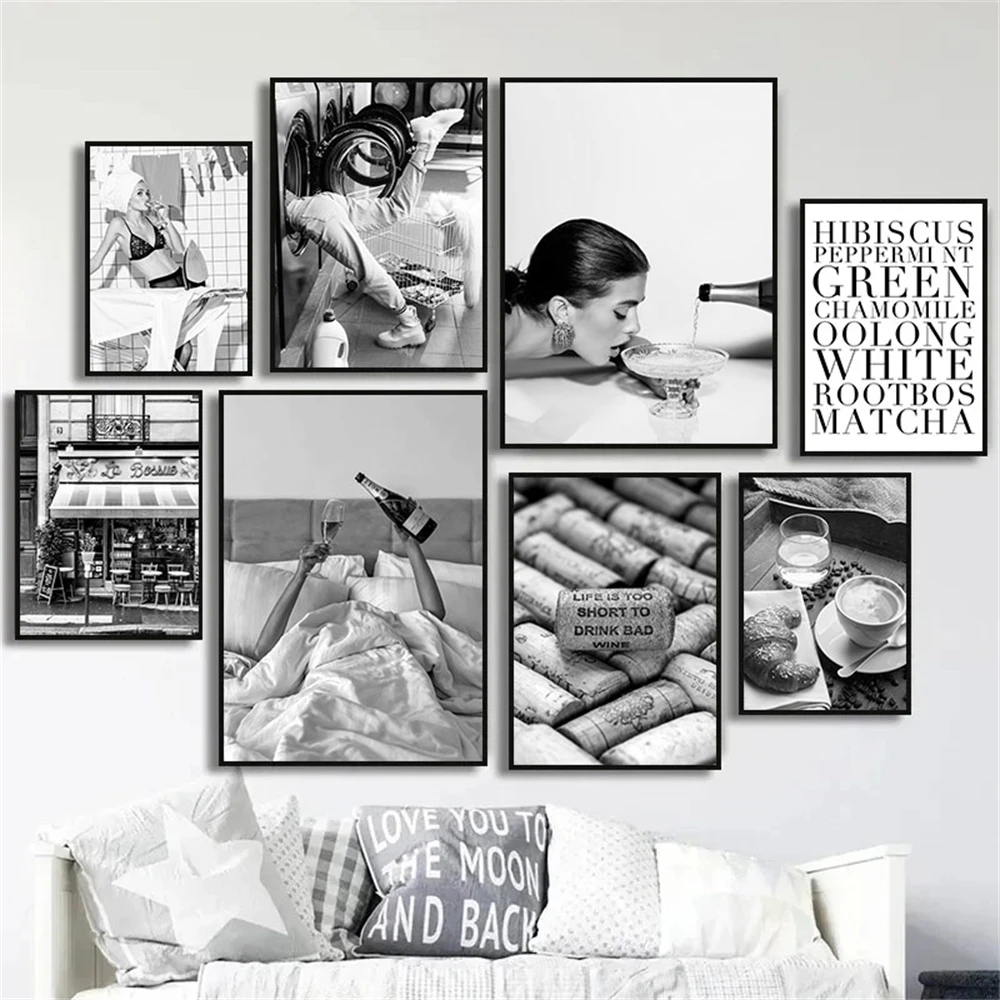 Black And White Drinking Poster Sexy Woman Canvas Painting Wine Wall Art Print Nordic Posters Picture Living Room Kitchen Decor