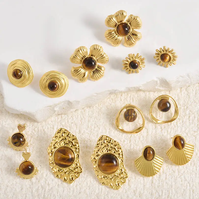 Vintage Tiger's Eye Stone Stud Earrings For Women 18K Gold Plated Fan Shape Round Sun Evil Eye Stainless Steel Fashion Earrings