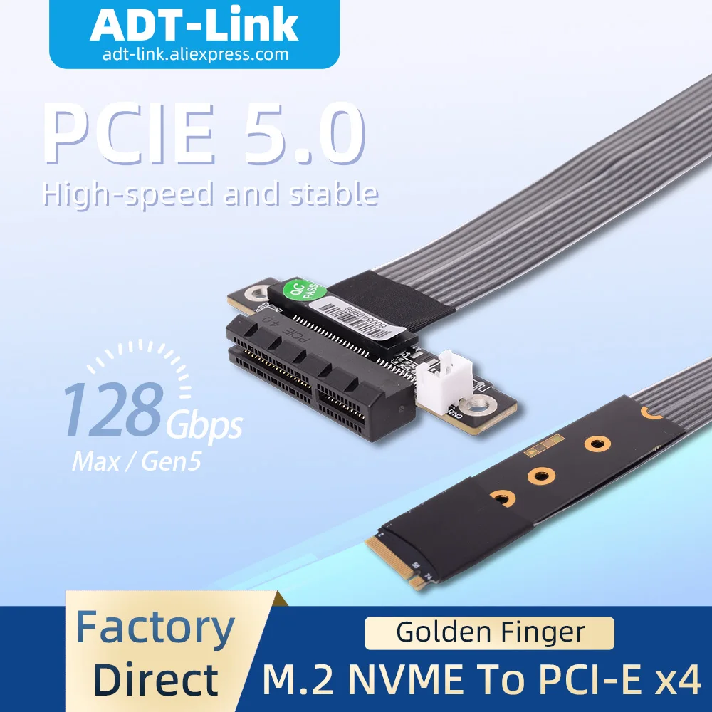 ADT-Link Gen5 128Gbps PCIE 5.0 x4 to M.2 NVMe Extension Cable High Speed GEN5 for 2242 2280 SSD Signal Riser Adapter K42DT-BK