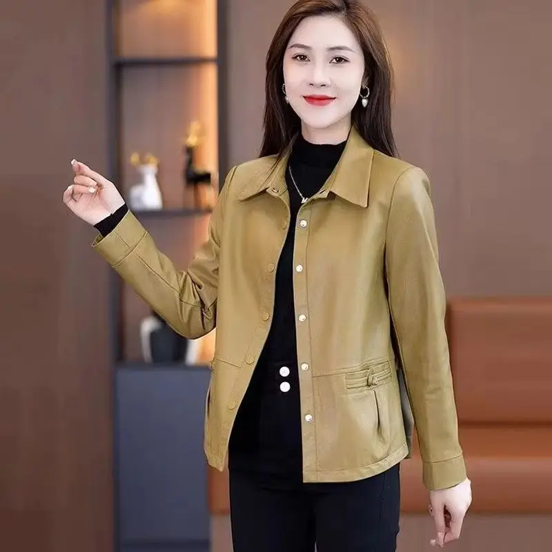 2025 nueva chaqueta de cuero Pu para mujer, corta coreana para primavera y otoño, informal, combina con todo, chaquetas de cuero de un solo pecho para mujer, Top exterior