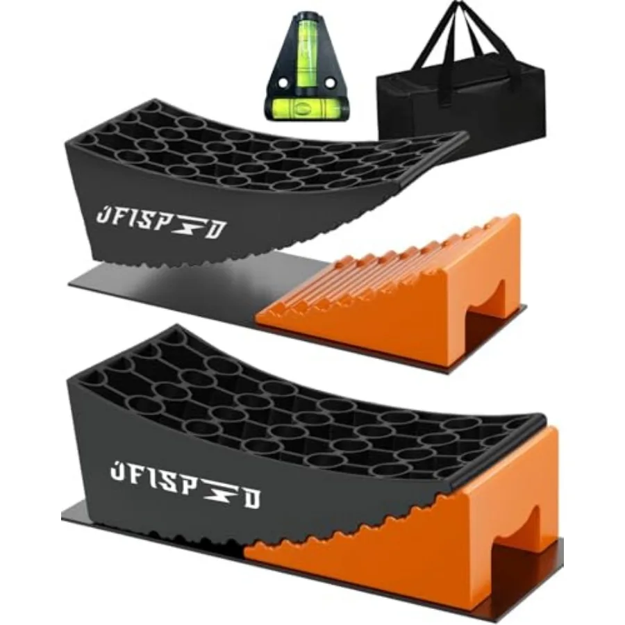

RV Leveling Blocks Ramp Kit 2 Packs Camper Leveler System for Travel with Two Chocks 2 Anti-Slip Mats 1T Bubble Level and Carry