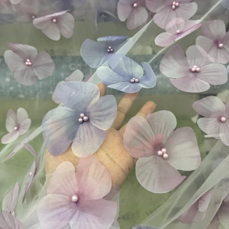 

Dreamy Gradient 3D Floral Pearl Mesh Fabric Colorful Embroidered Tulle Soft Sheer Material For Bridal Dress Stage Decoration DIY