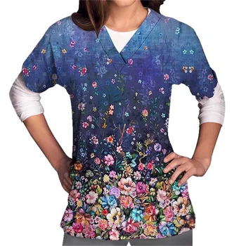 Pflegeuniform Damen Arbeitsuniform Frau Kleidung Scrubs Top mit zwei Taschen Blumenmuster Kurzarm V-Ausschnitt Bluse Top
