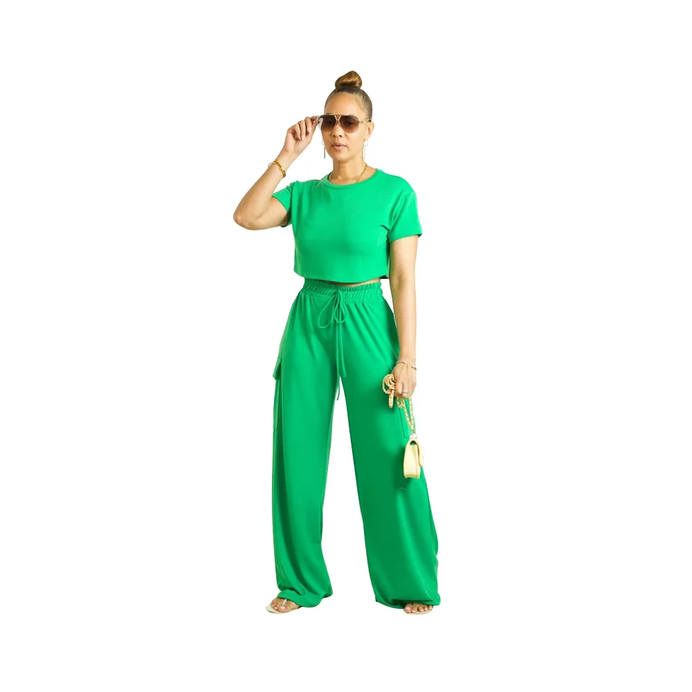 Fashion Two-piece Casual Short-sleeved Top Waisted Loose Workwear Wide-leg Pants Suit Summer Female Holiday Green Sets