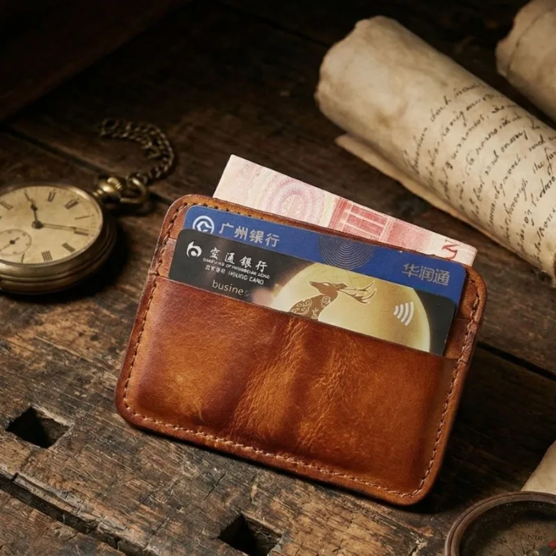 Men Ultra-Thin Minimalist Leather Card Holder, Slim Front Pocket Wallet, Lightweight Card Case for Daily Carry & Travel