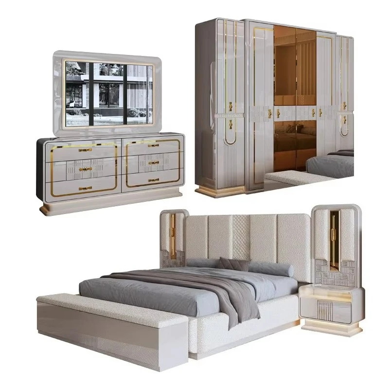 Hochglanz-Luxus-Doppelbett-Set mit weißem Holzrahmen, Kingsize, für das Hauptschlafzimmer, moderne Holzmöbel, Schlafzimmer-Sets