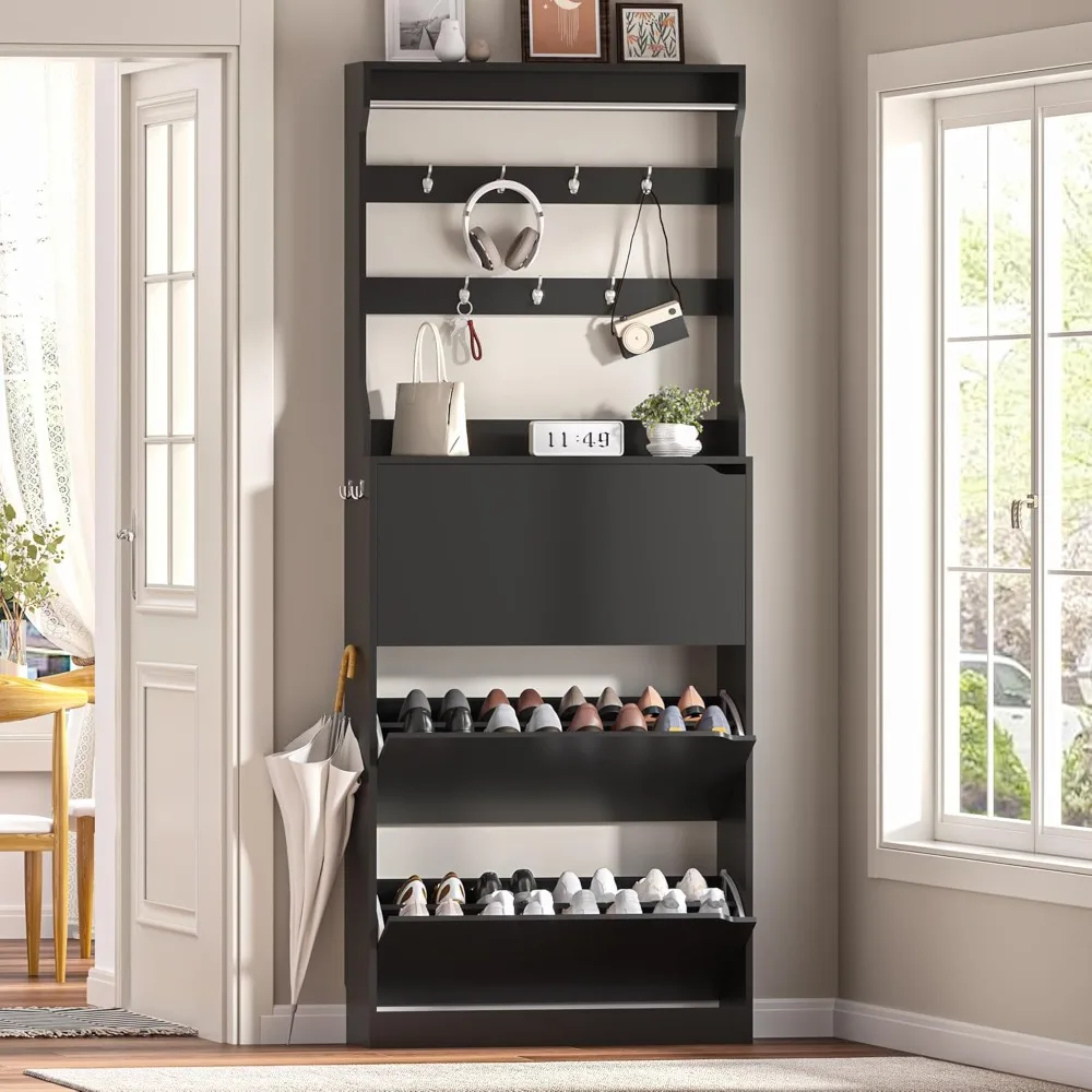 

Shoe Cabinet Storage for Entryway Shoe Storage Cabinet with 3 Flip Drawer Black Slim Freestanding Narrow Shoe Cabinet Tall Wood