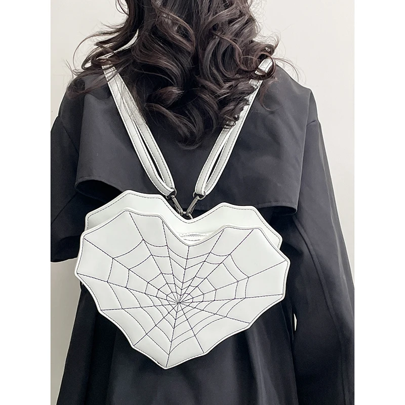 Latest Girls Medium Backpack Peach Heart Shaped Spiderweb Pattern Leather Shoulder Bag Female Fashion Punk Crossbody Phone Bag