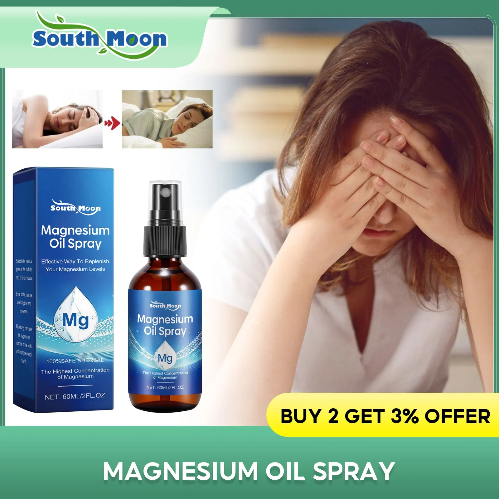 Magnesium Oil Spray Relief Headache Fatigue Stress Treatment Insomnia Diabetes Improve Sleep Quality Relax Body Massage Essence