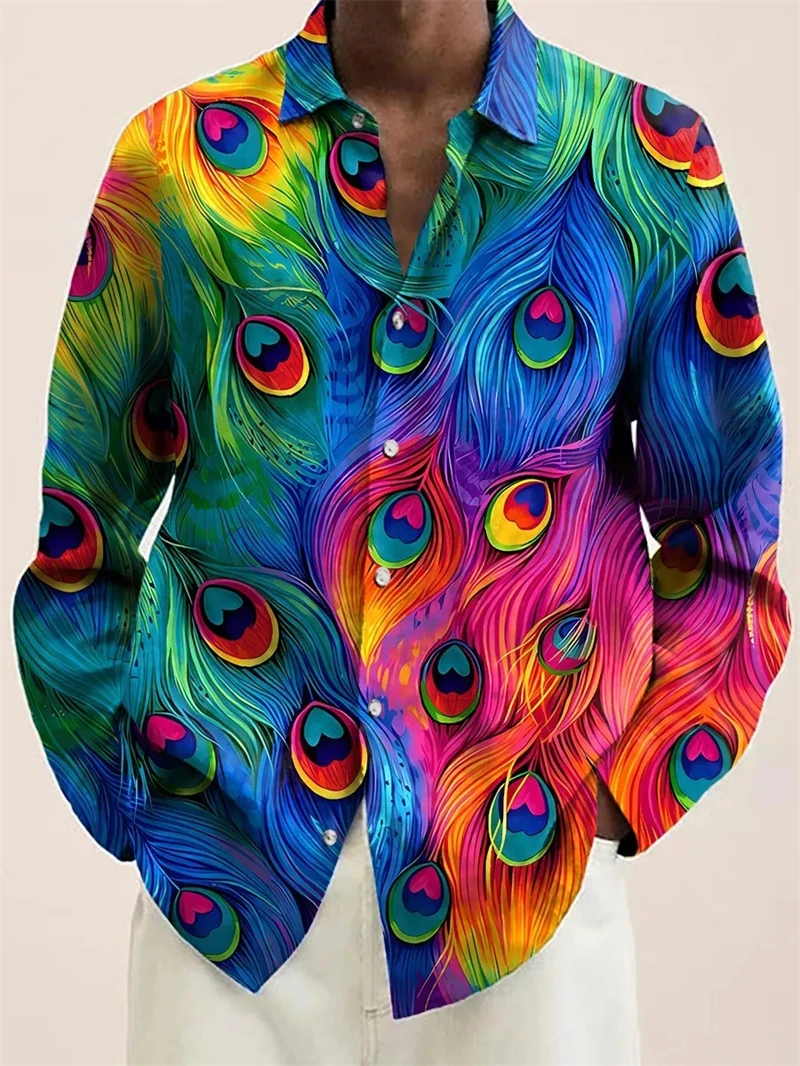 

2025 Fashion Peacock Feather Printed Long Sleeve Dress Shirt Man Design Luxury Long Tops Mens Button Lapel Shirt Ropa Hombre