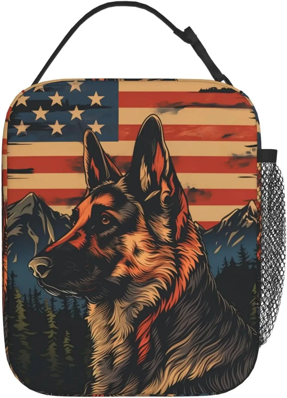 Majestic German Shepherd Lunch Box for Women Adults, Insulated Cooler Patriotic Dog and American Flag Lunch Bag