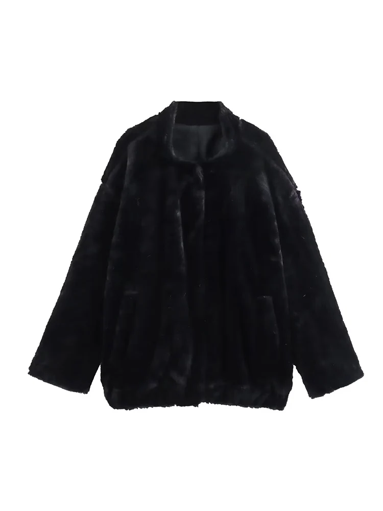 European style new women's fashionable and versatile elegant simple solid color faux fur bomber jacket