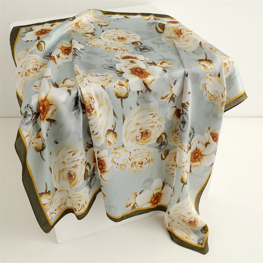 Rose Print Women Silk Scarf Bandana Hair Bands 70cm Square Scarves Ladies Smooth Summer Satin Hijab Wrap Headband Foulard