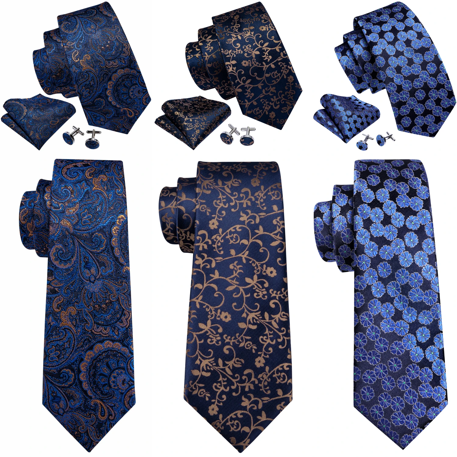 Barry.Wang Jacquard Dark Blue Floral Men's Tie With Pocket Square Cufflinks Set Exquisiet Necktie For Male Wedding Business