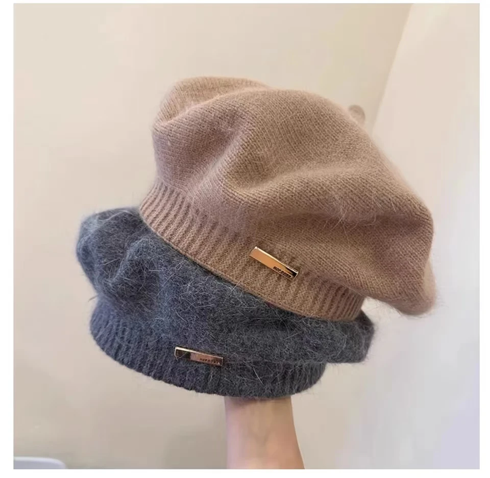 Boina de pele de coelho real simples versão coreana versátil para outono e inverno fora da rua bud chapéu de artista de malha