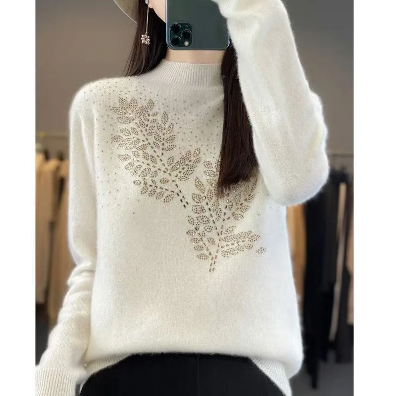 

Women Sweater Korean Fashion Sequined Flower Long Sleeve Knit Jumper Pullover O Neck Autumn Winter Female Knitwear Clothing Top