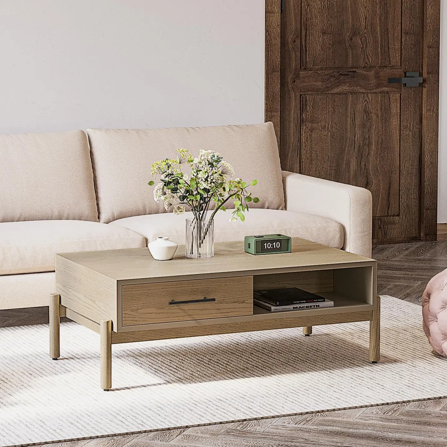 Solid Wood Rectangle Coffee Table for Living Room - Mid Century Modern Center Table with Storage - Easy Assembly