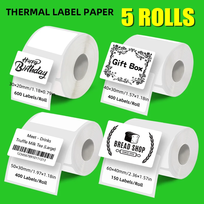 Each Pack Contains 5 Rolls of Direct Thermal Labels, Self-Adhesive Paper, High-Quality White Rectangular Waterproof Label Paper, Available in Various Sizes Such as 30*20, 40*30, 40*60, 50*40, 50*80, 60*40, Strong Adhesion, Compatible with M110/M220/M221/P50/E210 Label Printers, Suitable for Business Offices, Address Shipping, Holiday Diy, Barcodes, and Home Use