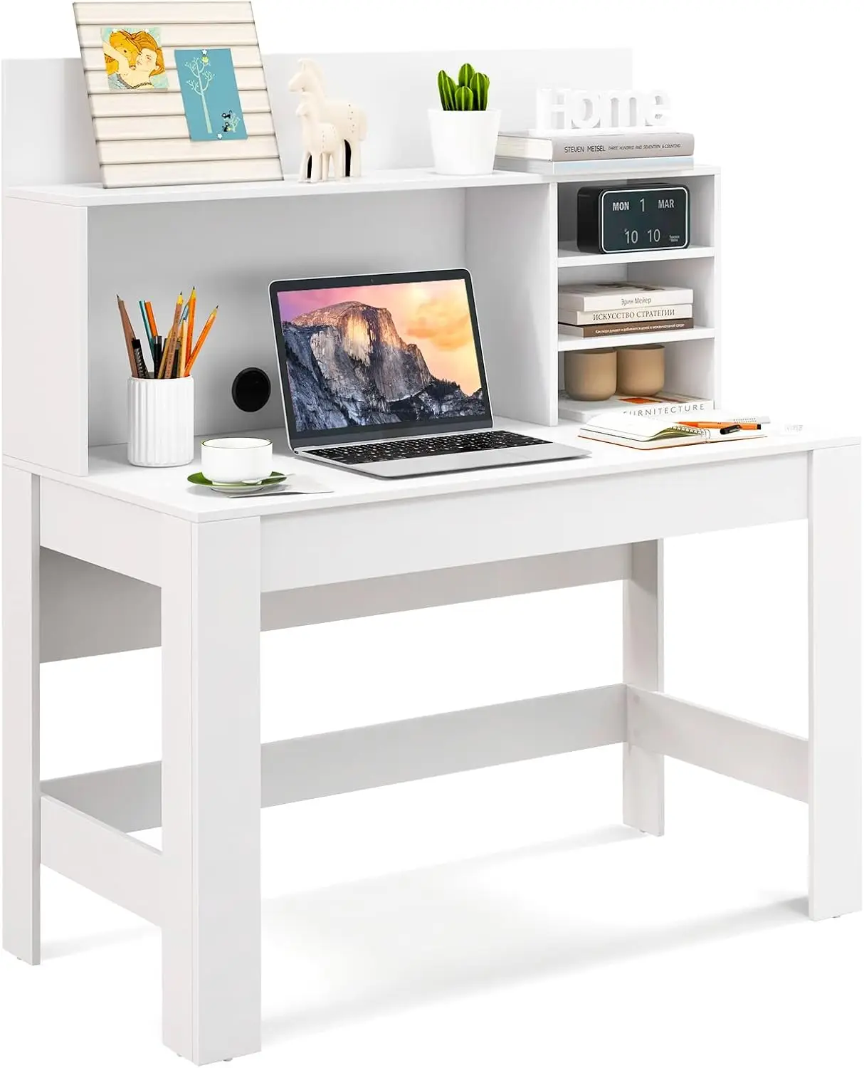

White Desk with Hutch, Home Office Desk with Bookshelf, Computer Workstation PC Laptop Table with Anti-Toppling Device &