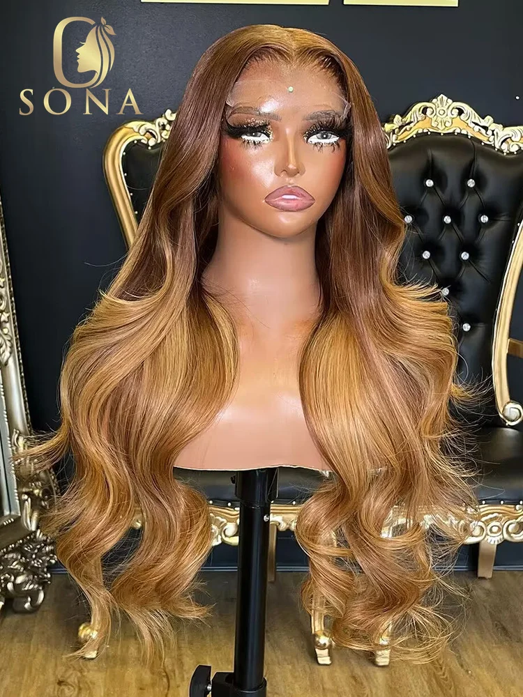 

4/27 Blonde Brown 13x6 13x4 HD Transparent Lace Frontal Wig Body Wave Human Hair Wigs Brown Dark Root For Women Pre Plucked 30#