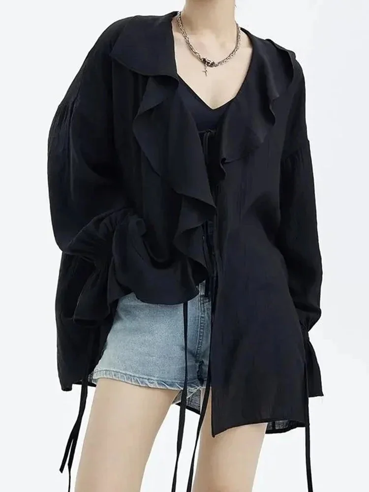

Summer Black Loose Lightweight Long Sleeved Women Sunscreen Shirt Korean Fashion Big Ruffle Edge V-neck Lace Up Women's Shirt