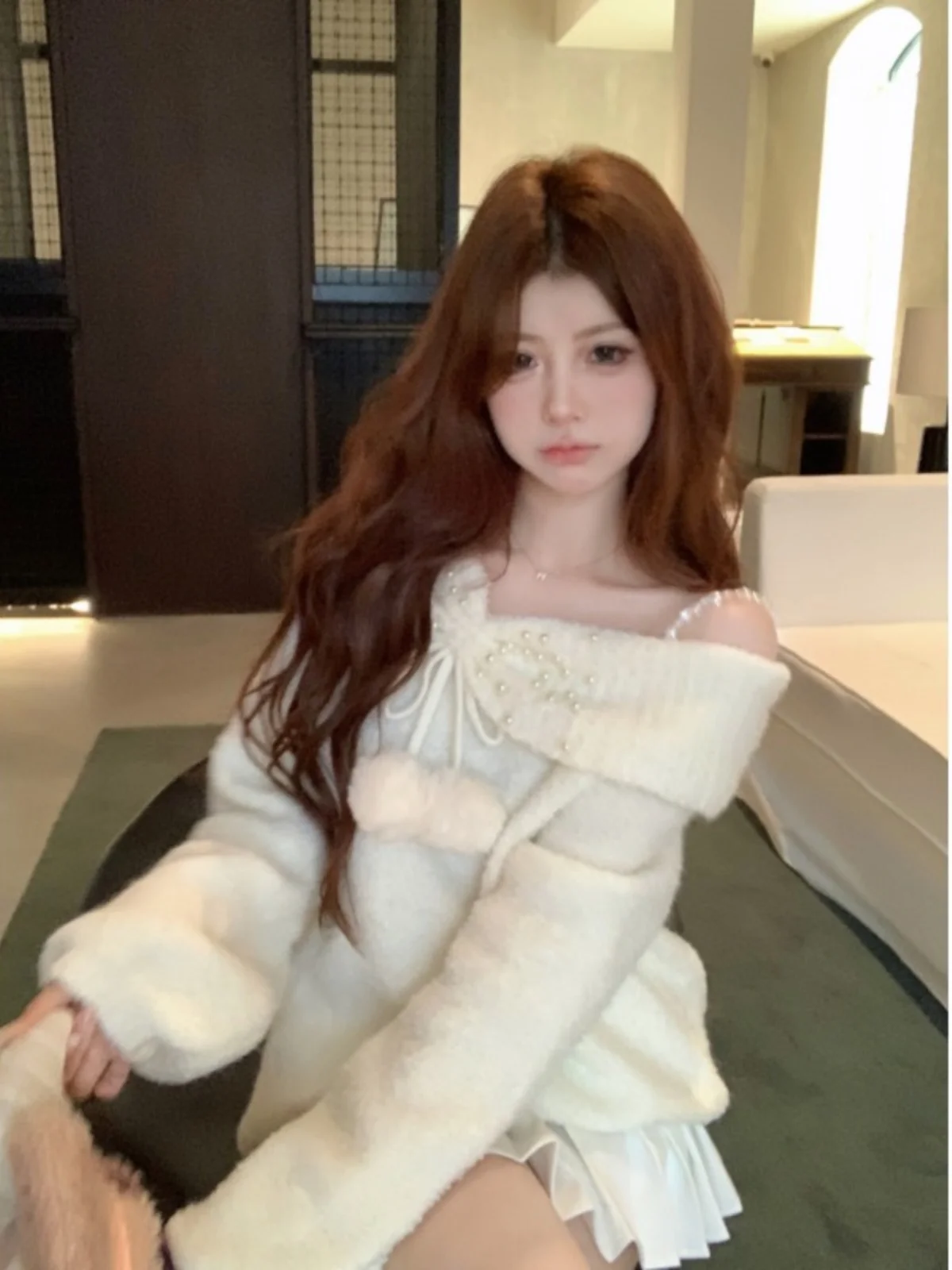Sweet Soft Long Sve oulder Bared Knitted Sweater Women's Summer 2025 New Sle Casual Chic Voluminous Ball Decoration